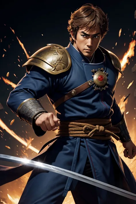 highest quality，high resolution，((masayoshi son)) ，kenshiro，fist of the north star，samurai，one person，bald，armor，（dark blue_coat...