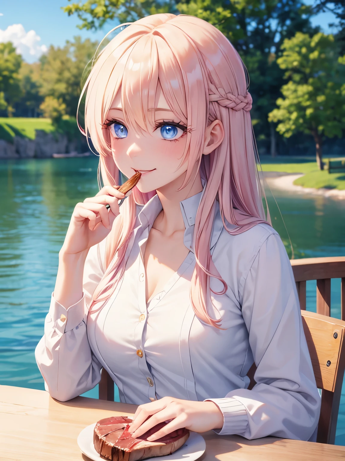 1woman,Eating steak by the lake,blue eyes,smile,, looking away,Beautiful makeup, long eyelashes,early in the morning,stunning,half body photo, very detailed face,cute,,HD face, perfect face,Short white dress, pink cardigan,very big breasts,Blonde hair,blonde hair,blonde,bangs,long hair, straight hair,ultra detail,ultra Hd, masterpiece,4k