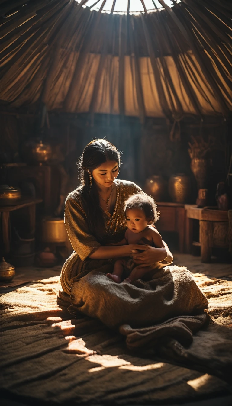 A humble yurt in the Asian steppes, with a newborn Temüjin in his mother's arms, background dark gold sun, hyper realistic, ultra detailed hyper realistic, photorealistic, Studio Lighting, reflections, dynamic pose, Cinematic, Color Grading, Photography, Shot on 50mm lens, Ultra-Wide Angle, Depth of Field, hyper-detailed, beautifully color, 8k, golden light from the front,