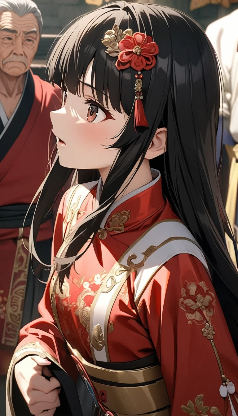 A tragic historical drama in 8k live-action style: Beautiful palace secrets　Beautiful 15 year old Chinese Kung Fu girl princess with long black hair　Gorgeous embroidery, Ultra glossy, She is wearing shiny red long sleeve floral pajamas....　She inserts old man&#39;s penis into her nipples