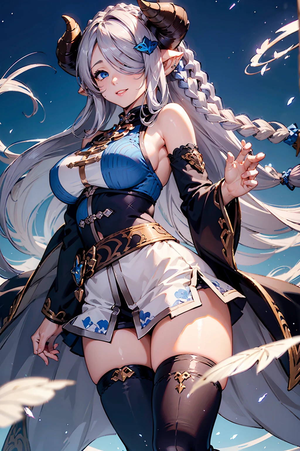 (((1 female))), ((Detailed blue eyes)), ((Silver long hair)), Large Breasts, perfectly drawn body, Narmaya, Charming smile, mini skirt, best quality, masterpiece, Extremely detailed