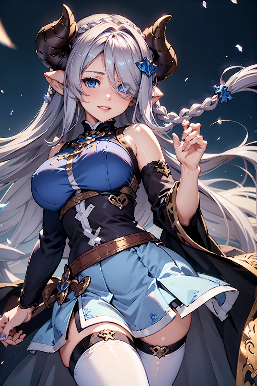 (((1 female))), ((Detailed blue eyes)), ((Silver long hair)), Large Breasts, perfectly drawn body, Narmaya, Charming smile, mini skirt, best quality, masterpiece, Extremely detailed