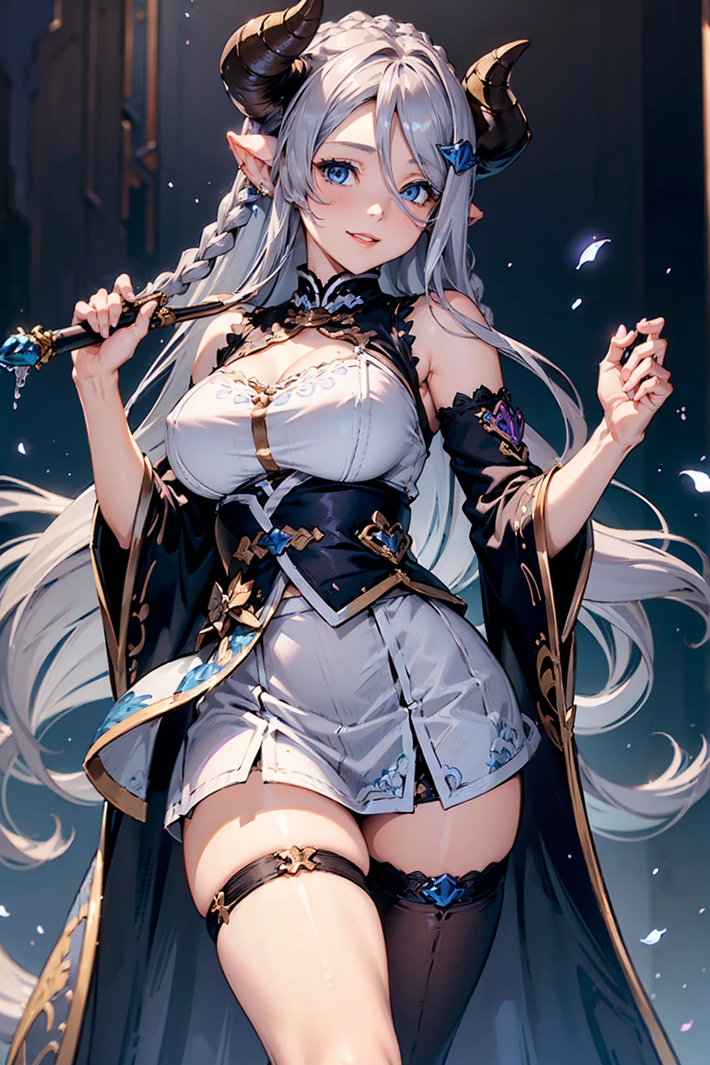 (((1 female))), ((Detailed blue eyes)), ((Silver long hair)), Large Breasts, perfectly drawn body, Narmaya, Charming smile, mini skirt, best quality, masterpiece, Extremely detailed