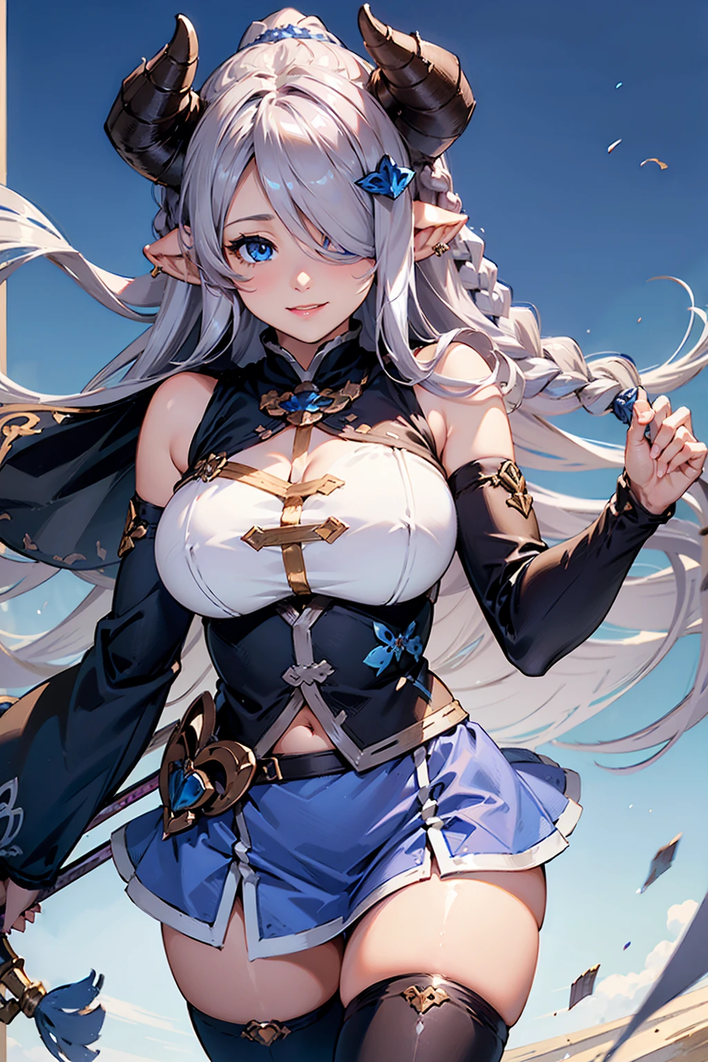 (((1 female))), ((Detailed blue eyes)), ((Silver long hair)), Large Breasts, perfectly drawn body, Narmaya, Charming smile, mini skirt, best quality, masterpiece, Extremely detailed