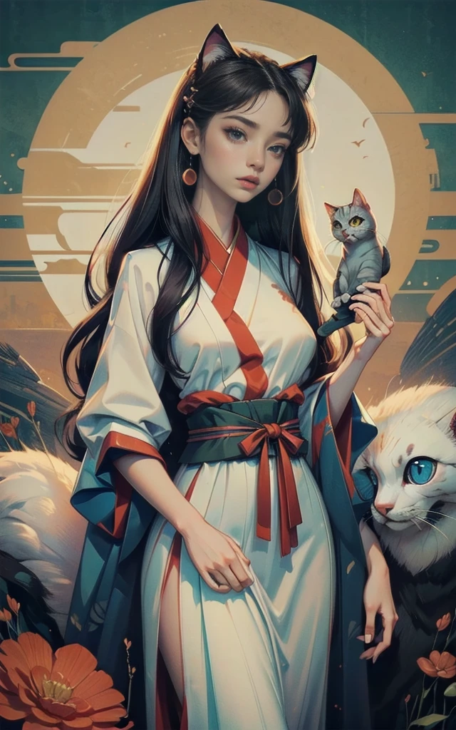 ((Masterpiece)),(Best Quality), (Cinematic),(Extremely detailed CG Unity 8k wallpaper),1girl, fit,Delicious company,revealing clothes, intricate outfit,fit, small breasts,very long black hair,big cat eyes,one Stunning hanfu shapeshifter cat girl(bakenekon, nekomata)with a beautifully designed fine and perfectly fitting hanfu clothing with georgeous patterns and also transparent flowing fabric. she is dancing in front of plain graphic japanese background. her hands are very graceful presenting a fan. cat ear, vampy fang,cateyes, white devon rex cat, eine Ganzkörperaufnahme, die Tradition und Moderne verbindet 