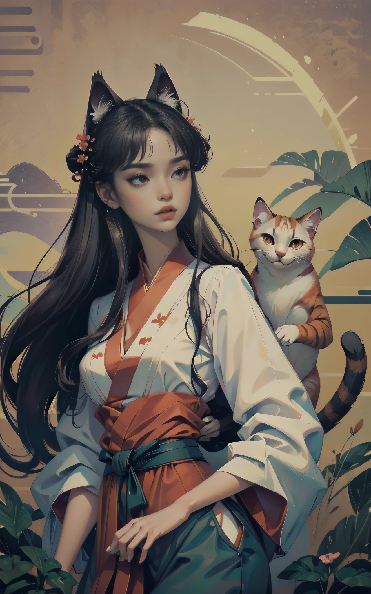 ((Masterpiece)),(Best Quality), (Cinematic),(Extremely detailed CG Unity 8k wallpaper),1girl, fit,Delicious company,revealing clothes, intricate outfit,fit, small breasts,very long black hair,big cat eyes,one Stunning hanfu shapeshifter cat girl(bakenekon, nekomata)with a beautifully designed fine and perfectly fitting hanfu clothing with georgeous patterns and also transparent flowing fabric.  she is dancing in front of plain graphic japanese background. her hands are very graceful presenting a fan. cat ear, vampy fang,cateyes, white devon rex cat, eine Ganzkörperaufnahme, die Tradition und Moderne verbindet 