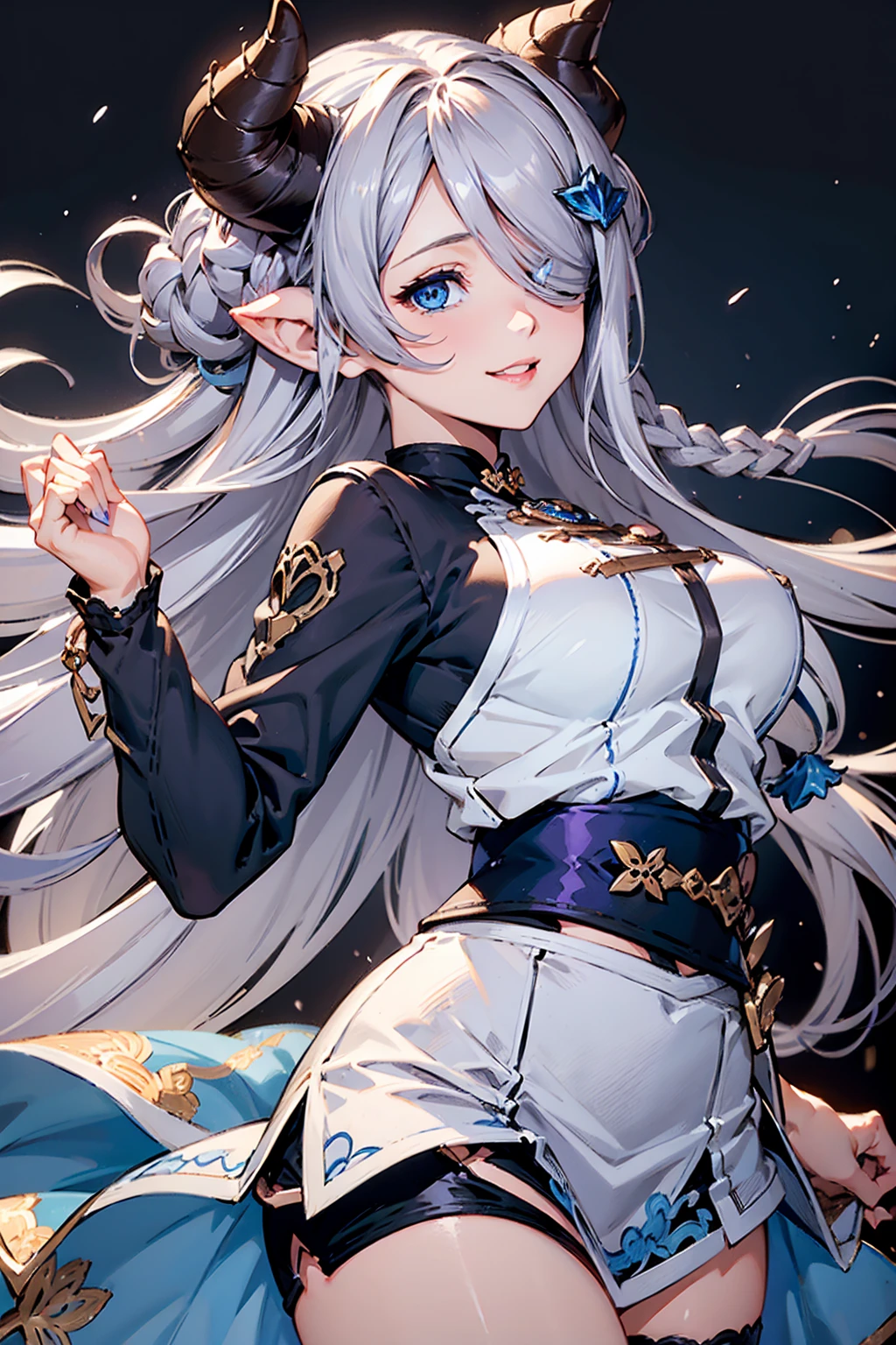 (((1 female))), ((Detailed blue eyes)), ((Silver long hair)), Large Breasts, perfectly drawn body, Narmaya, Charming smile, mini skirt, best quality, masterpiece, Extremely detailed