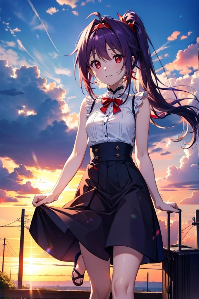 yuukikonno, Konno Yuuki, hair band, Long Hair, Pointed Ears, Purple Hair, (Red eyes:1.5), (Small breasts:1.2),Side Ponytail,smile,Grin,Purple sleeveless dress、Cute Sandals,Put your right hand on your hip,Push-type suitcase,Are standing,Daytime,whole bodyがイラストに入るように, 　　　　　break looking at viewer, whole body,  　　　　　　　　　　　　　　　　　　　break outdoors,countryside, Residential Street,In town,　　　　　　　　　　　　break (masterpiece:1.2), Highest quality, High resolution, unity 8k wallpaper, (figure:0.8), (Detailed and beautiful eyes:1.6), Highly detailed face, Perfect lighting, Extremely detailed CG, (Perfect hands, Perfect Anatomy),チックなmorning日,morning,Extreme light，　　　　　　　　　　