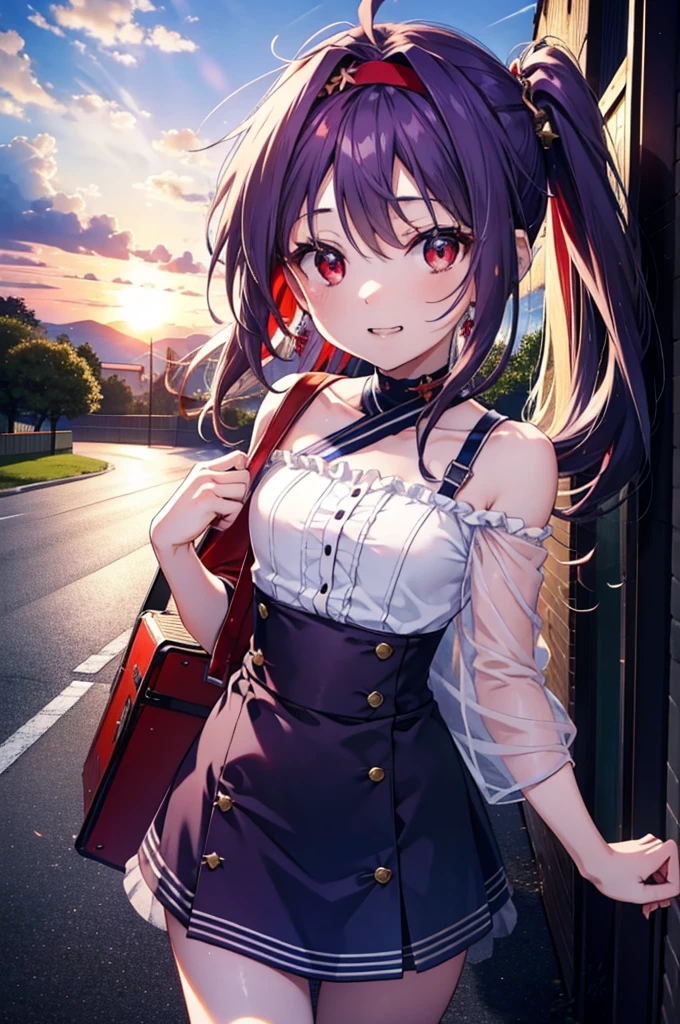 yuukikonno, Konno Yuuki, hair band, Long Hair, Pointed Ears, Purple Hair, (Red eyes:1.5), (Small breasts:1.2),Side Ponytail,smile,Grin,Purple sleeveless dress、Cute Sandals,Put your right hand on your hip,Push-type suitcase,Are standing,Daytime,whole bodyがイラストに入るように, 　　　　　break looking at viewer, whole body,  　　　　　　　　　　　　　　　　　　　break outdoors,countryside, Residential Street,In town,　　　　　　　　　　　　break (masterpiece:1.2), Highest quality, High resolution, unity 8k wallpaper, (figure:0.8), (Detailed and beautiful eyes:1.6), Highly detailed face, Perfect lighting, Extremely detailed CG, (Perfect hands, Perfect Anatomy),チックなmorning日,morning,Extreme light，　　　　　　　　　　