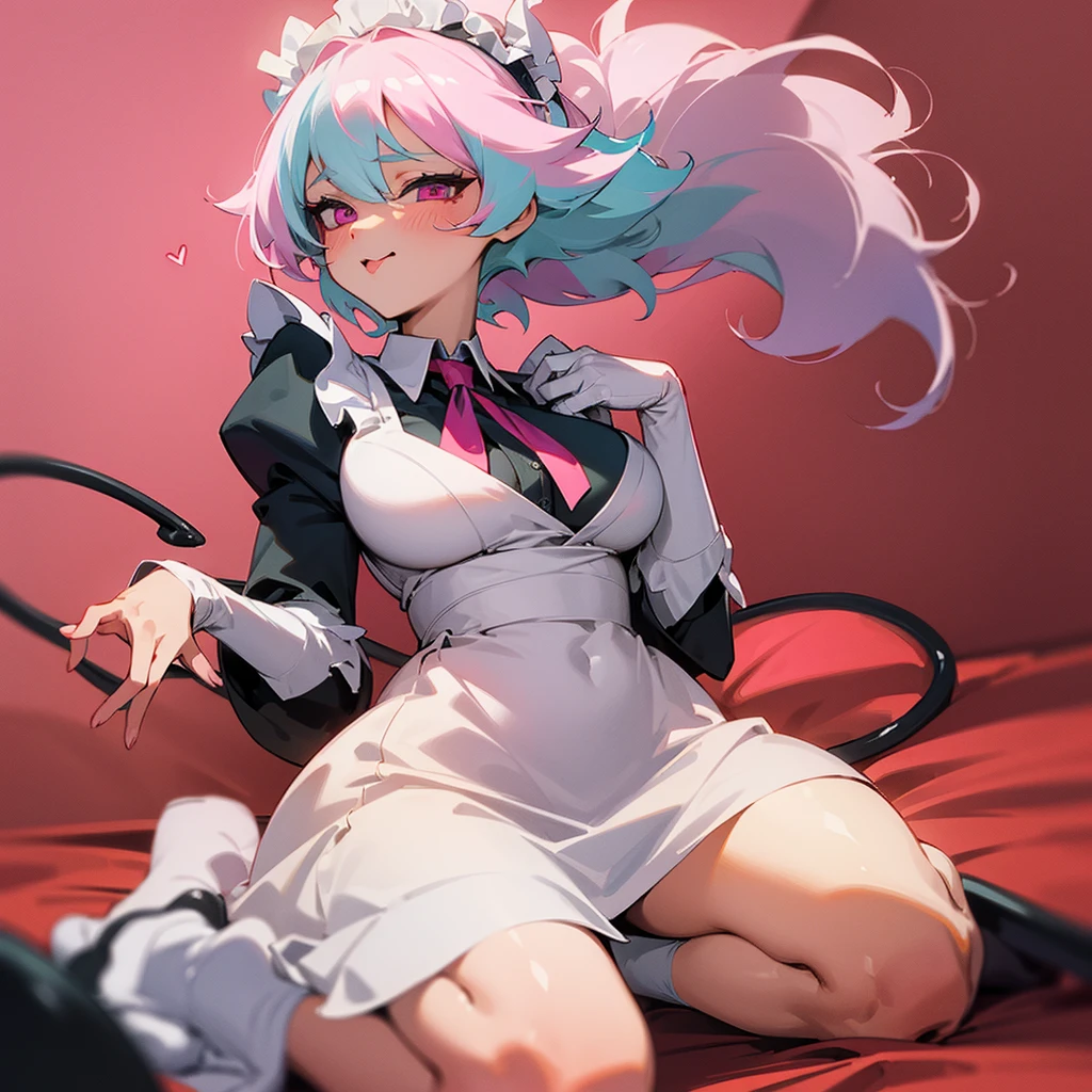 ((masterpiece)), ((best quality)), ((highly detailed)), (original), ((delicate background)), ((extremely detailed 8K wallpaper)), sweet, depth of field, 
BREAK 
((maid clothes)), ((scanty clothing)), lots of frills, big breasts, 
BREAK 
curly hair, faint pink hair, short hair, 
BREAK 
((heart-shaped eyes)), pink eyes, tongue out, blush, 
BREAK 
1girl, solo, cute girl, , shiny skin, 
BREAK 
full body shot, on the bed, ((wariza)), looking at the viewer, 