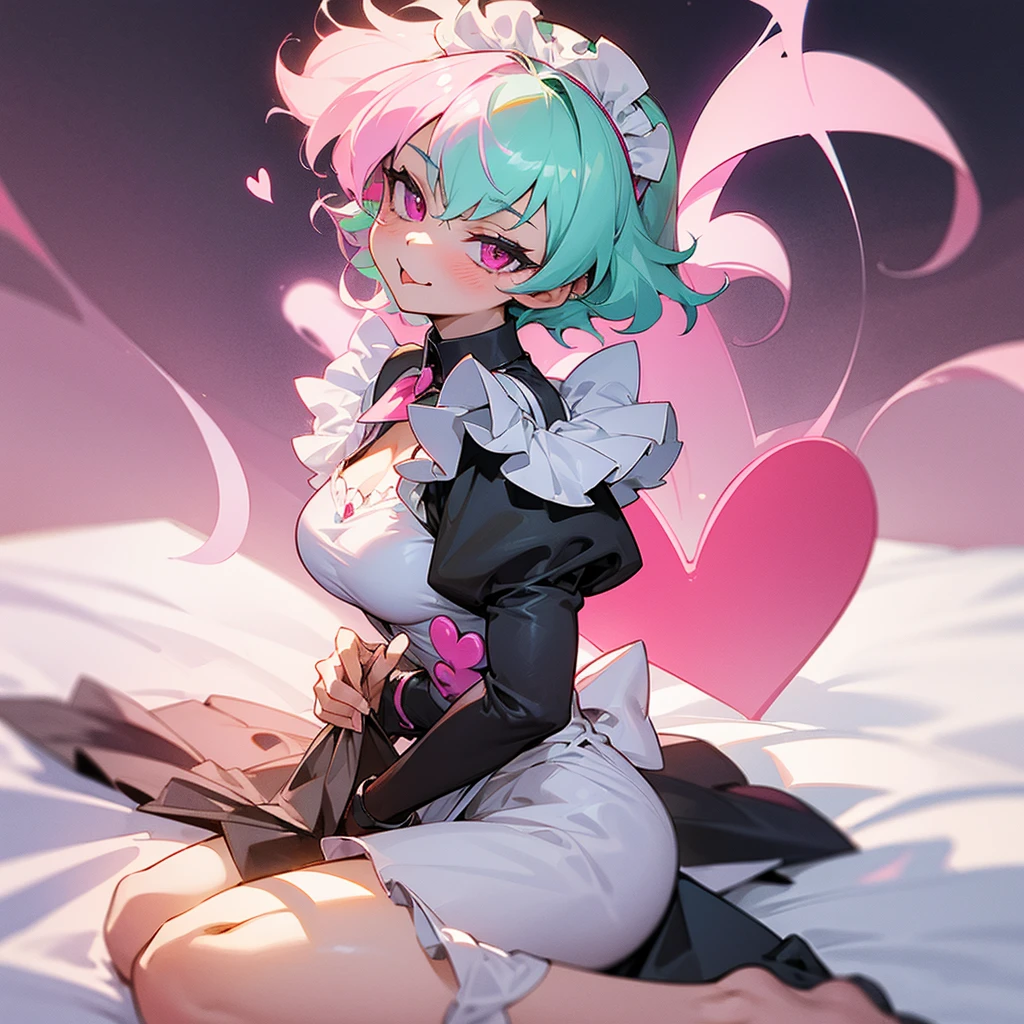 ((masterpiece)), ((best quality)), ((highly detailed)), (original), ((delicate background)), ((extremely detailed 8K wallpaper)), sweet, depth of field, 
BREAK 
((maid clothes)), ((scanty clothing)), lots of frills, big breasts, 
BREAK 
curly hair, faint pink hair, short hair, 
BREAK 
((heart-shaped eyes)), pink eyes, tongue out, blush, 
BREAK 
1girl, solo, cute girl, 15 years old, shiny skin, 
BREAK 
full body shot, on the bed, ((wariza)), looking at the viewer, 