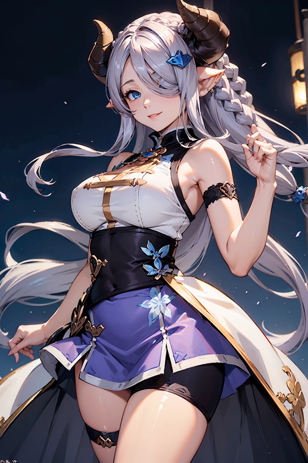 (((1 female))), ((Detailed blue eyes)), ((Silver long hair)), Large Breasts, perfectly drawn body, Narmaya, Charming smile, mini skirt, best quality, masterpiece, Extremely detailed