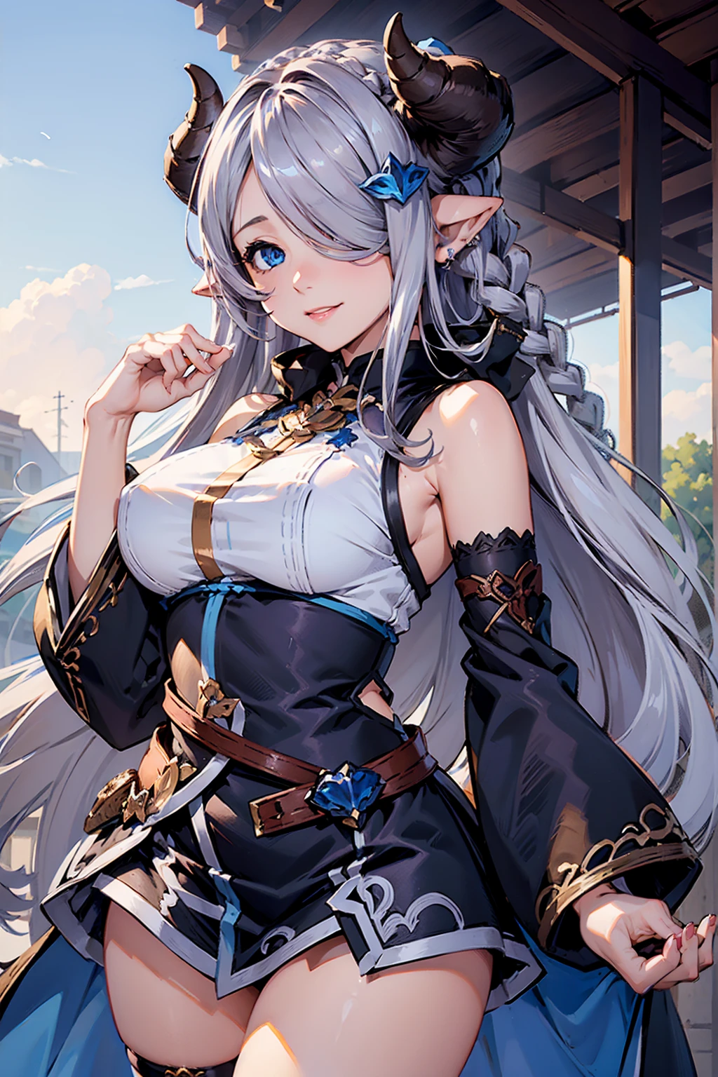 (((1 female))), ((Detailed blue eyes)), ((Silver long hair)), Large Breasts, perfectly drawn body, Narmaya, Charming smile, mini skirt, best quality, masterpiece, Extremely detailed