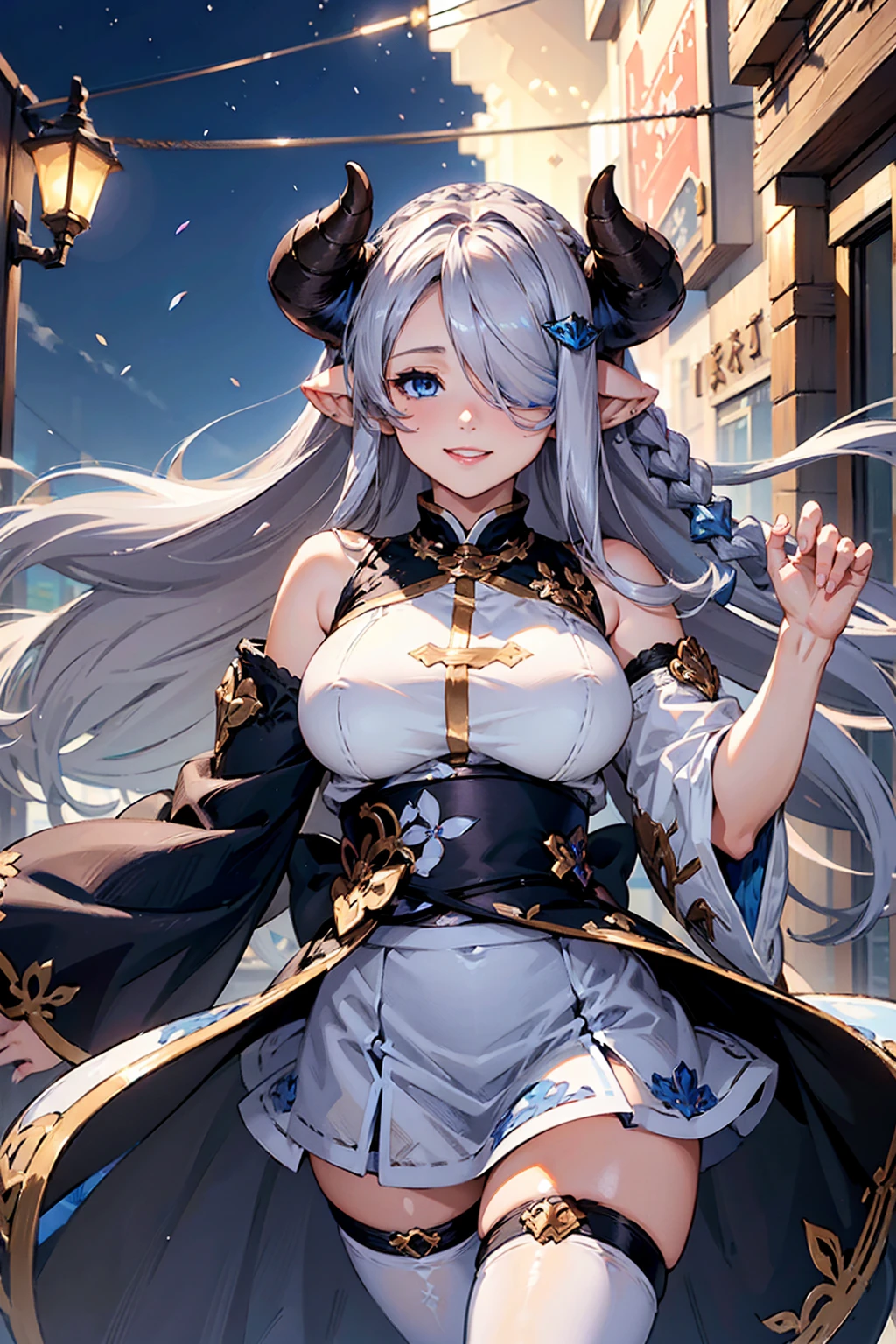 (((1 female))), ((Detailed blue eyes)), ((Silver long hair)), Large Breasts, perfectly drawn body, Narmaya, Charming smile, mini skirt, best quality, masterpiece, Extremely detailed