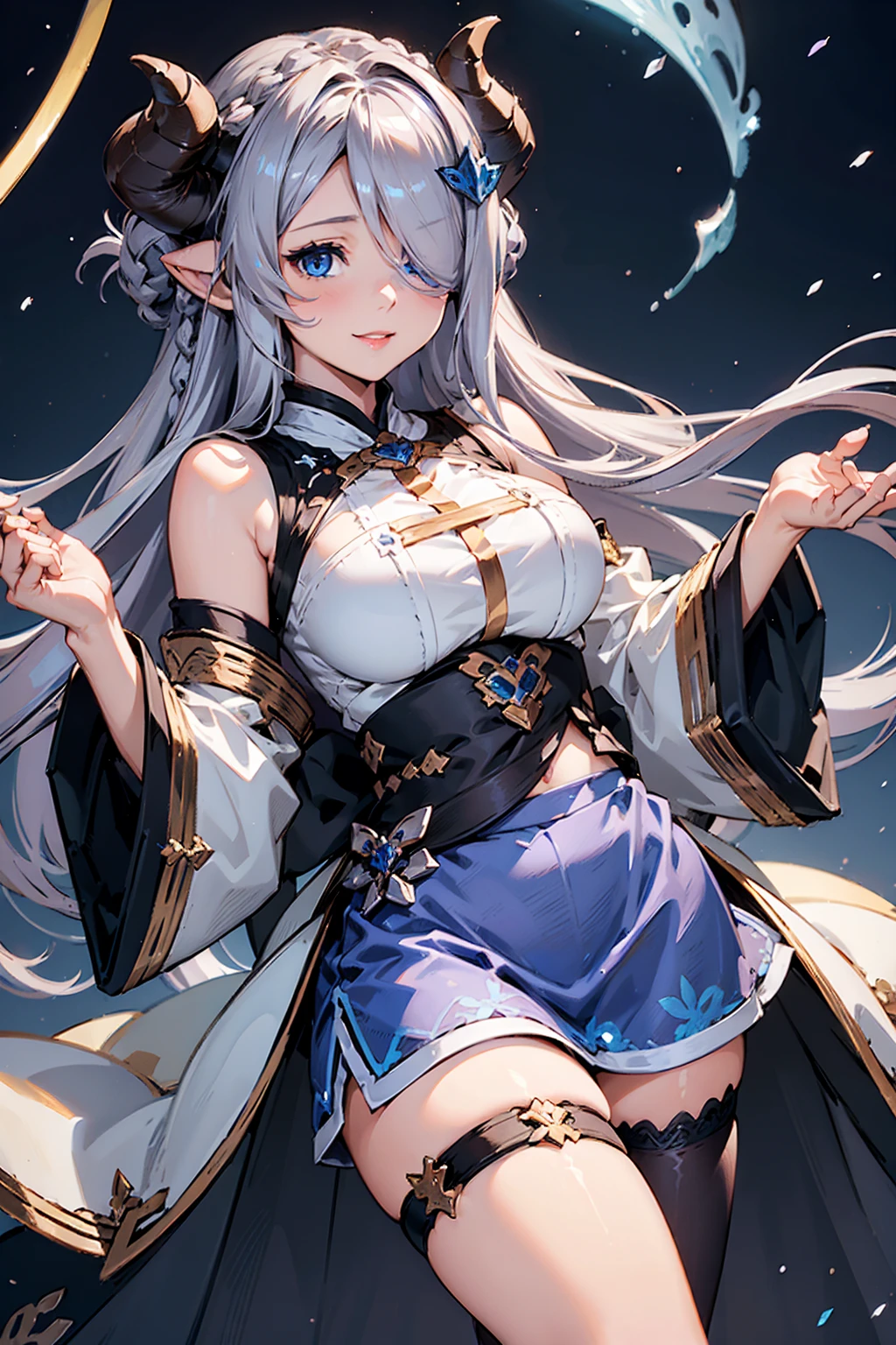 (((1 female))), ((Detailed blue eyes)), ((Silver long hair)), Large Breasts, perfectly drawn body, Narmaya, Charming smile, mini skirt, best quality, masterpiece, Extremely detailed