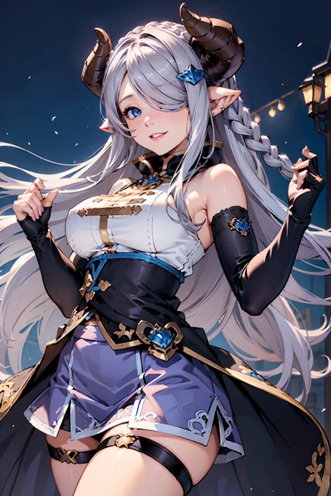 (((1 female))), ((Detailed blue eyes)), ((Silver long hair)), Large Breasts, perfectly drawn body, Narmaya, Charming smile, mini...