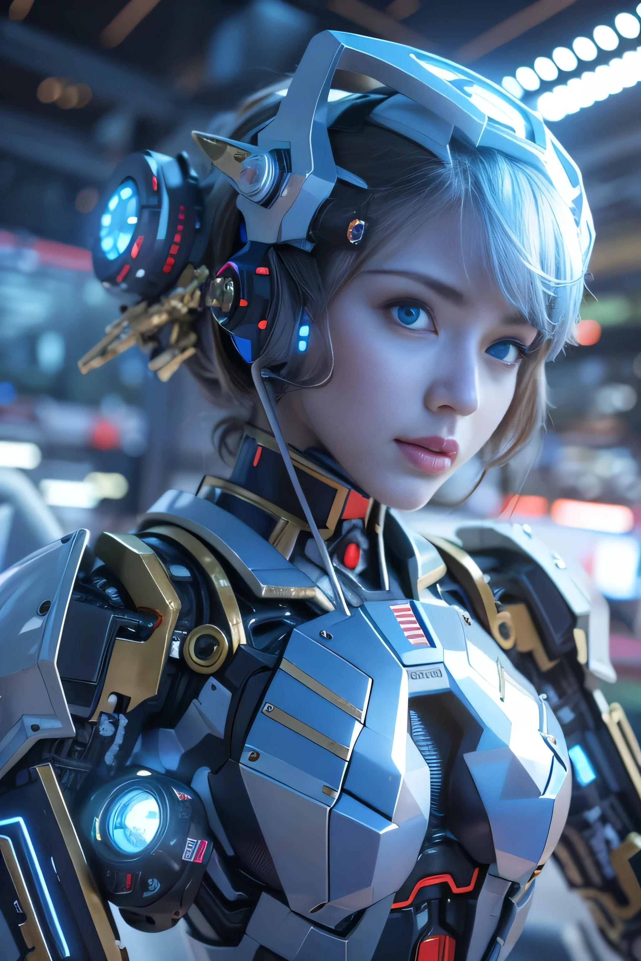 Wide-angle shot, 1 female, Mecha, Sparkling Blue Eyes, Very cute face, (Realistic:1.37), バイオMechaニカル, Complex robot, Spaceship interior bokeh background, Ultra-realistic, Very detailed, Very intricate detail, Beautiful woman in sharp focus, The machine is holding both of his arms, Exposed belly, crucifixion, spread_arms,