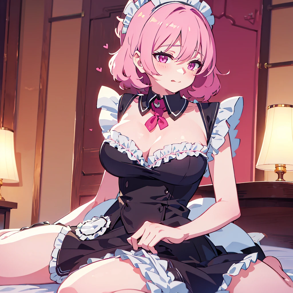 ((masterpiece)), ((best quality)), ((highly detailed)), (original), ((delicate background)), ((extremely detailed 8K wallpaper)), sweet, depth of field, 
BREAK 
((maid clothes)), ((scanty clothing)), lots of frills, big breasts, 
BREAK 
curly hair, faint pink hair, short hair, 
BREAK 
((heart-shaped eyes)), pink eyes, tongue out, blush, 
BREAK 
1girl, solo, cute girl, 15 years old, shiny skin, 
BREAK 
full body shot, on the bed, ((wariza)), looking at the viewer, 