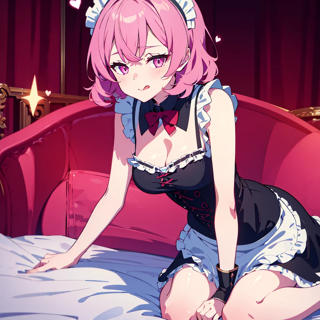 ((masterpiece)), ((best quality)), ((highly detailed)), (original), ((delicate background)), ((extremely detailed 8K wallpaper)), sweet, depth of field, 
BREAK 
((maid clothes)), ((scanty clothing)), lots of frills, big breasts, 
BREAK 
curly hair, faint pink hair, short hair, 
BREAK 
((heart-shaped eyes)), pink eyes, tongue out, blush, 
BREAK 
1girl, solo, cute girl, , shiny skin, 
BREAK 
full body shot, on the bed, ((wariza)), looking at the viewer, 