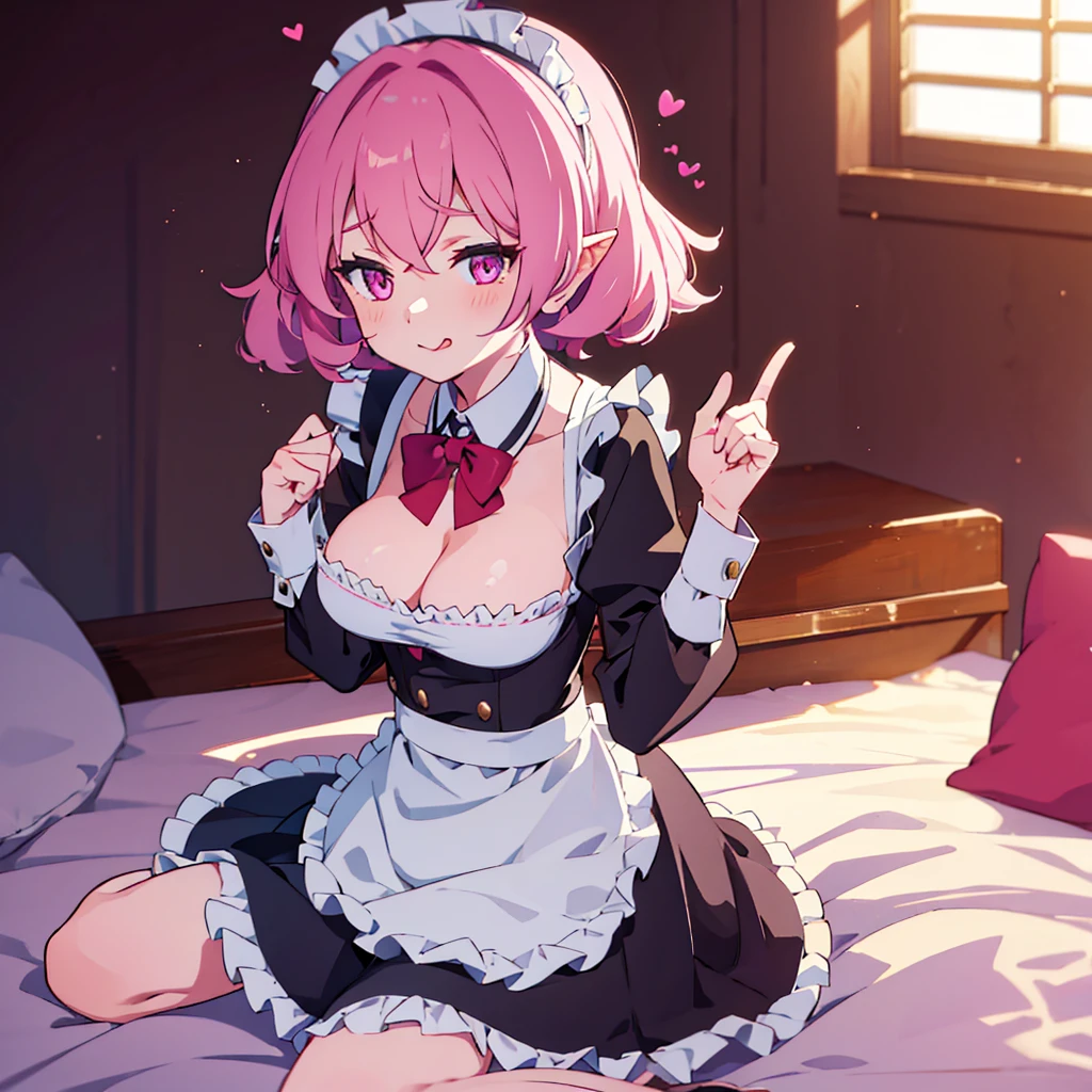 ((masterpiece)), ((best quality)), ((highly detailed)), (original), ((delicate background)), ((extremely detailed 8K wallpaper)), sweet, depth of field, 
BREAK 
((maid clothes)), ((scanty clothing)), lots of frills, big breasts, 
BREAK 
curly hair, faint pink hair, short hair, 
BREAK 
((heart-shaped eyes)), pink eyes, tongue out, blush, 
BREAK 
1girl, solo, cute girl, , shiny skin, 
BREAK 
full body shot, on the bed, ((wariza)), looking at the viewer, 