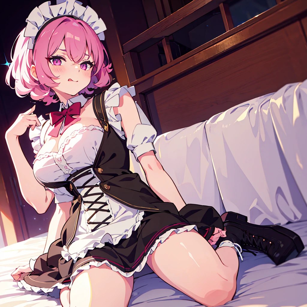 ((masterpiece)), ((best quality)), ((highly detailed)), (original), ((delicate background)), ((extremely detailed 8K wallpaper)), sweet, depth of field, 
BREAK 
((maid clothes)), ((scanty clothing)), lots of frills, big breasts, 
BREAK 
curly hair, faint pink hair, short hair, 
BREAK 
((heart-shaped eyes)), pink eyes, tongue out, blush, 
BREAK 
1girl, solo, cute girl, , shiny skin, 
BREAK 
full body shot, on the bed, ((wariza)), looking at the viewer, 