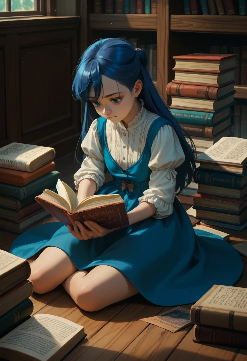 score_9, score_8_up, score_7_up, score_6_up, score_5_up, score_4_up, rating_safe, source_anime, 1girl, long hair, myne, blue hair, sitting on the floor, reading a book, surrounded by books