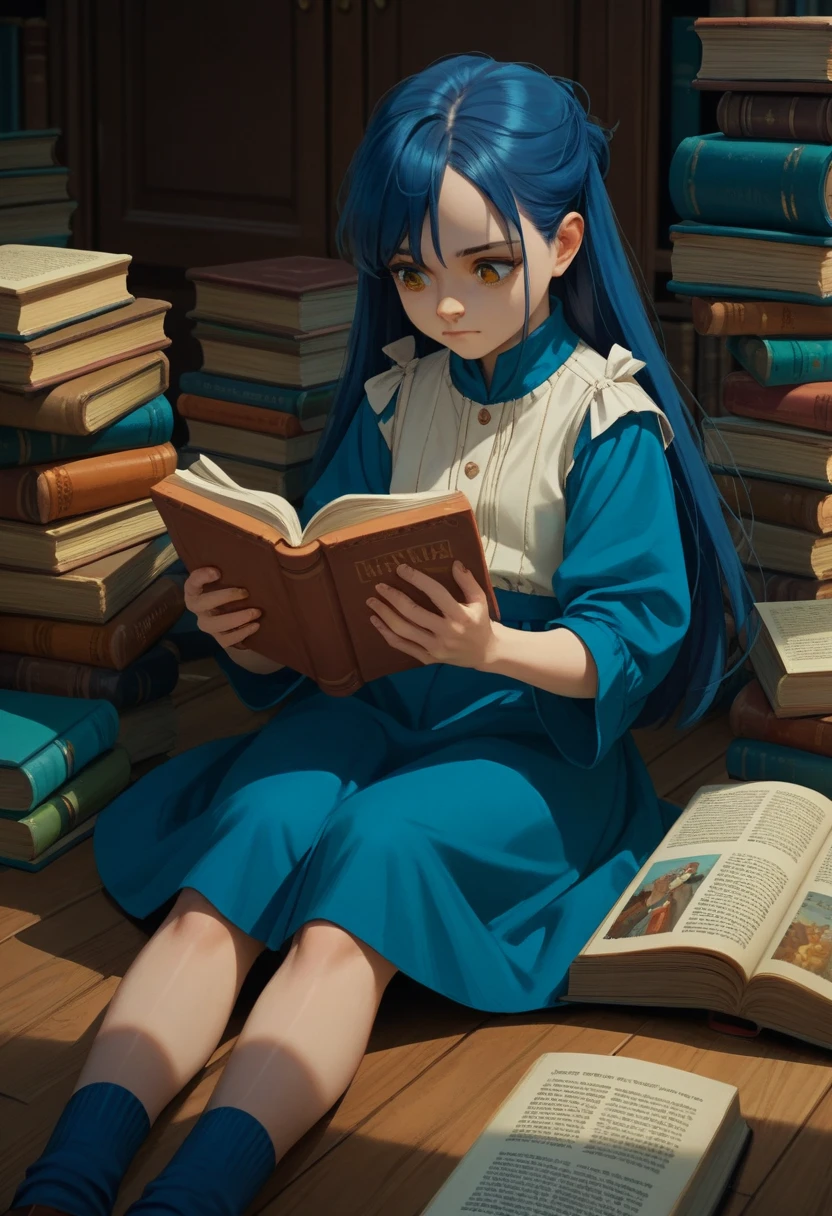 score_9, score_8_up, score_7_up, score_6_up, score_5_up, score_4_up, rating_safe, source_anime, 1girl, long hair, myne, blue hair, sitting on the floor, reading a book, surrounded by books