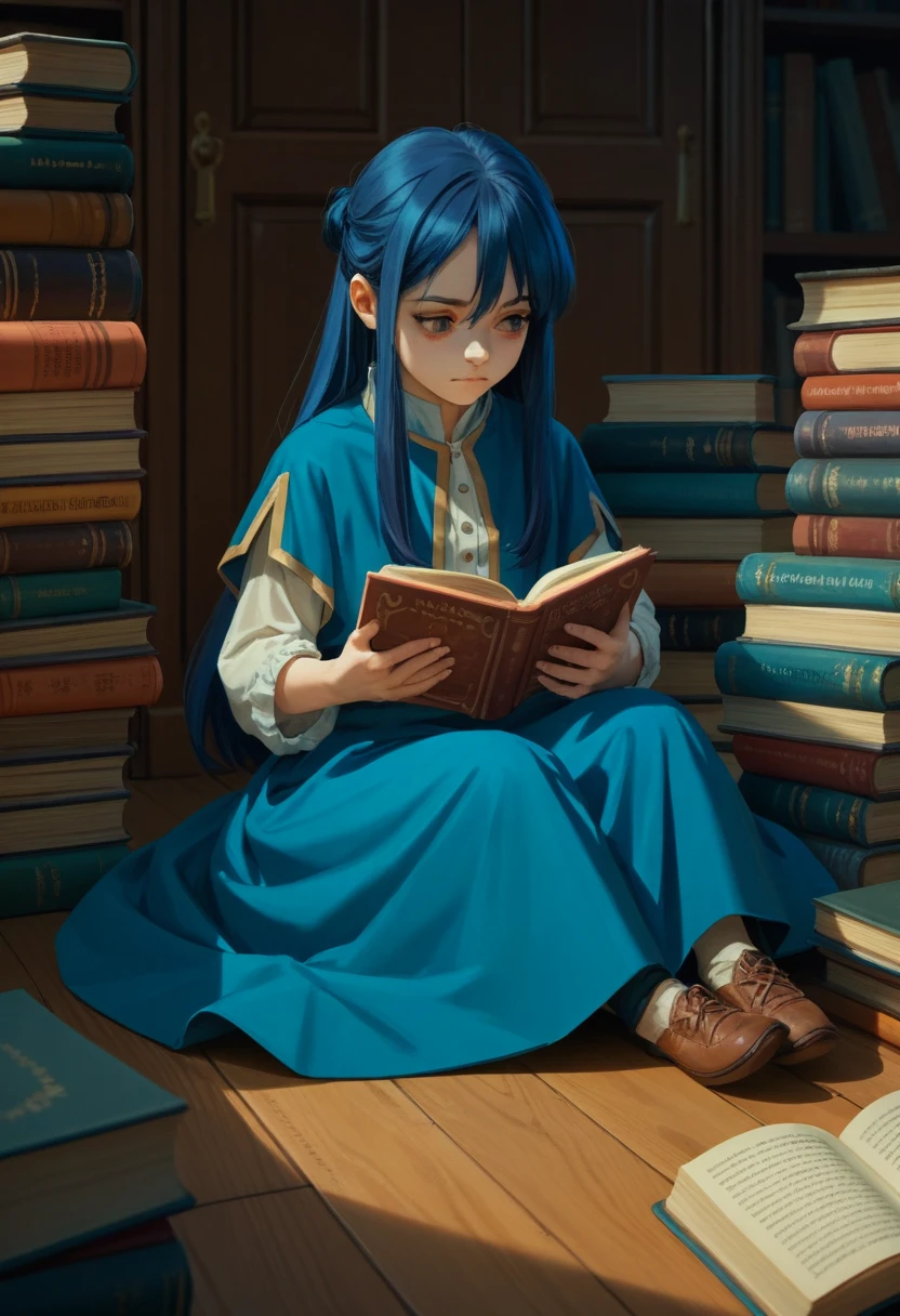 score_9, score_8_up, score_7_up, score_6_up, score_5_up, score_4_up, rating_safe, source_anime, 1girl, long hair, myne, blue hair, sitting on the floor, reading a book, surrounded by books