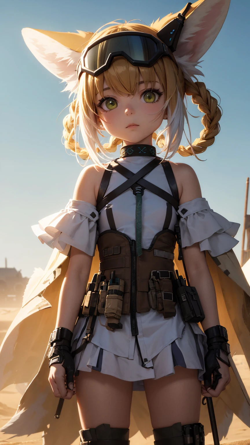 masterpiece, top quality, super detail, 1 girl, suzuran (Arknights), desert torn clothes, goggles on head, Wasteland, sand, wind, dust