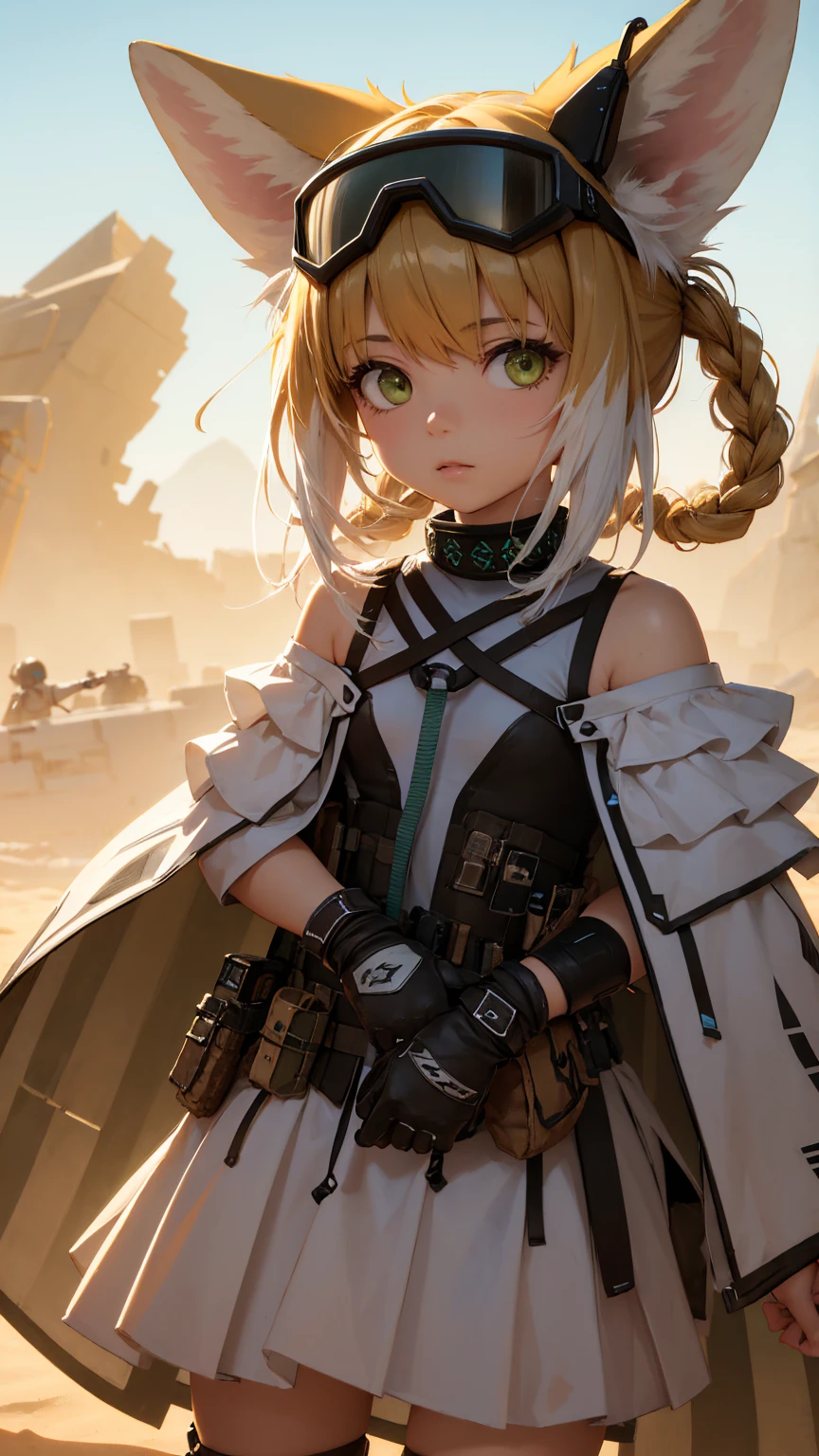 masterpiece, top quality, super detail, 1 girl, suzuran (Arknights), desert torn clothes, goggles on head, Wasteland, sand, wind, dust