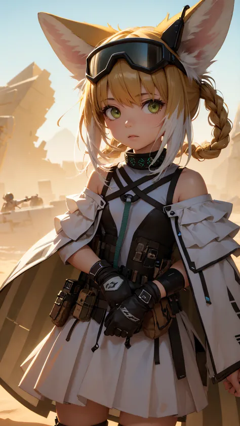 masterpiece, top quality, super detail, 1 girl, suzuran (arknights), desert torn clothes, goggles on head, wasteland, sand, wind...