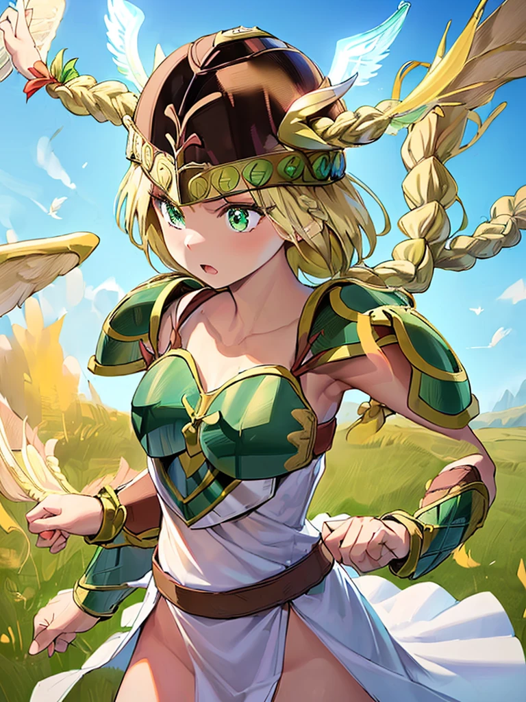 masterpiece,best quality, 1girl, 18yo, beautiful girl,BREAK,(Armor:1.8),(Helmet with wings:1.7),(Beautiful blonde,braid,Green Eyes:1.5),(blue sky:1.4),(She descends from the sky:1.3)