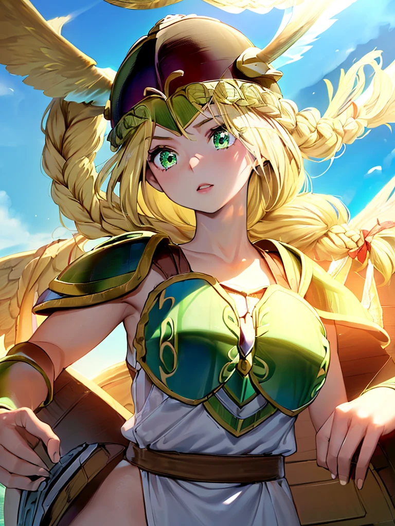 masterpiece,best quality, 1girl, 18yo, beautiful girl,BREAK,(Armor:1.8),(Helmet with wings:1.7),(Beautiful blonde,braid,Green Eyes:1.5),(blue sky:1.4),(She descends from the sky:1.3)