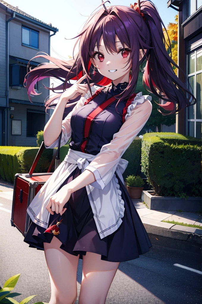 yuukikonno, Konno Yuuki, hair band, Long Hair, Pointed Ears, Purple Hair, (Red eyes:1.5), (Small breasts:1.2),Side Ponytail,smile,Grin,Purple sleeveless dress、Cute Sandals,Put your right hand on your hip,Push-type suitcase,Are standing,Daytime,whole bodyがイラストに入るように, 　　　　　break looking at viewer, whole body,  　　　　　　　　　　　　　　　　　　　break outdoors,countryside, Residential Street,In town,　　　　　　　　　　　　break (masterpiece:1.2), Highest quality, High resolution, unity 8k wallpaper, (figure:0.8), (Detailed and beautiful eyes:1.6), Highly detailed face, Perfect lighting, Extremely detailed CG, (Perfect hands, Perfect Anatomy),チックなmorning日,morning,Extreme light，　　　　　　　　　　