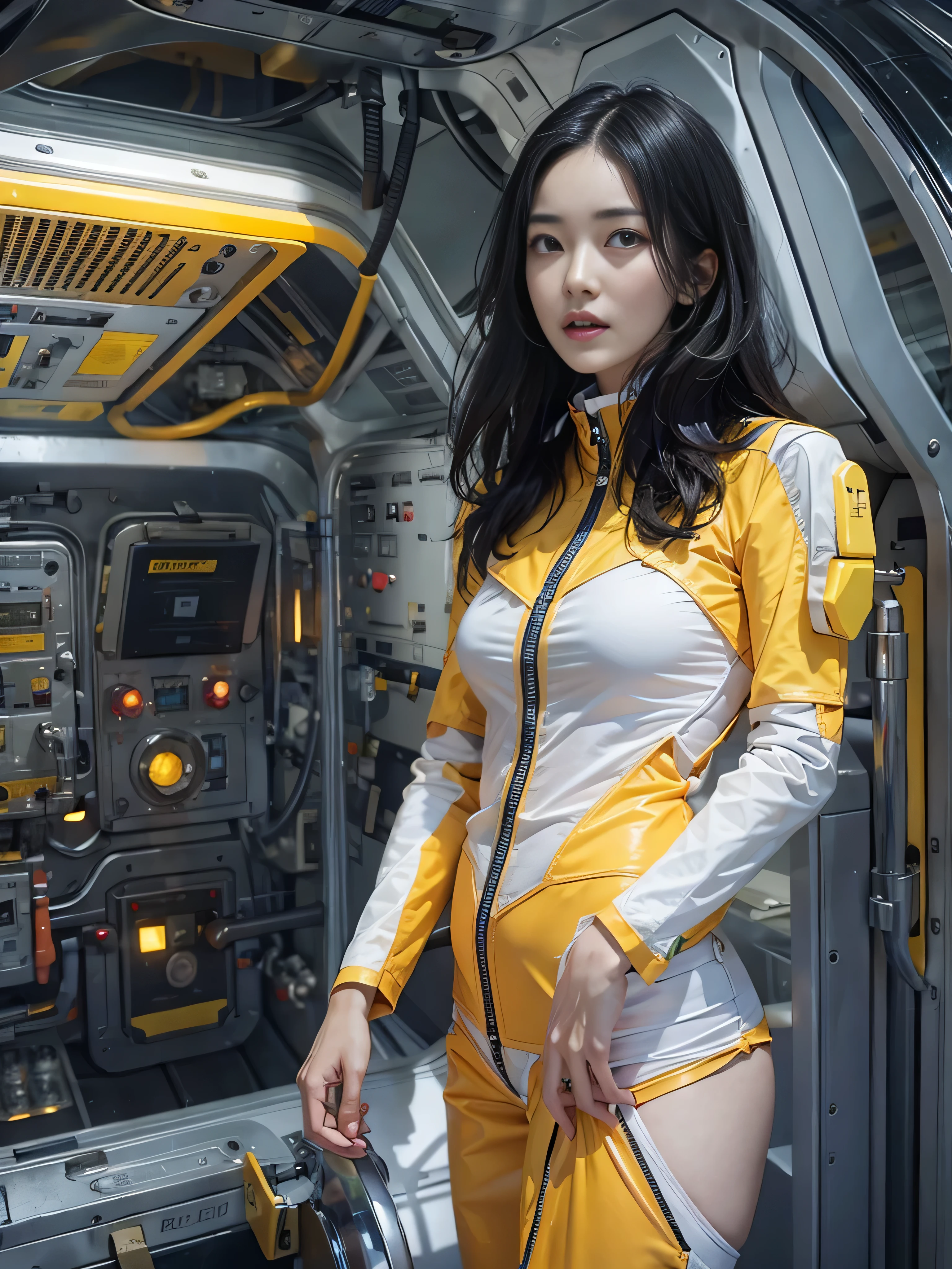 (Raw quality:1.4), Beautiful slim and long legged woman、Beautiful and well-groomed face、Long black hair、Smooth legs、Well-balanced and slim body、Full Body Lesbian、no gravity、He&#39;s changing into a skin-tight yellow space suit.、Cleavage, Black lace underwear, Inside the space station、mechanical、　White lighting