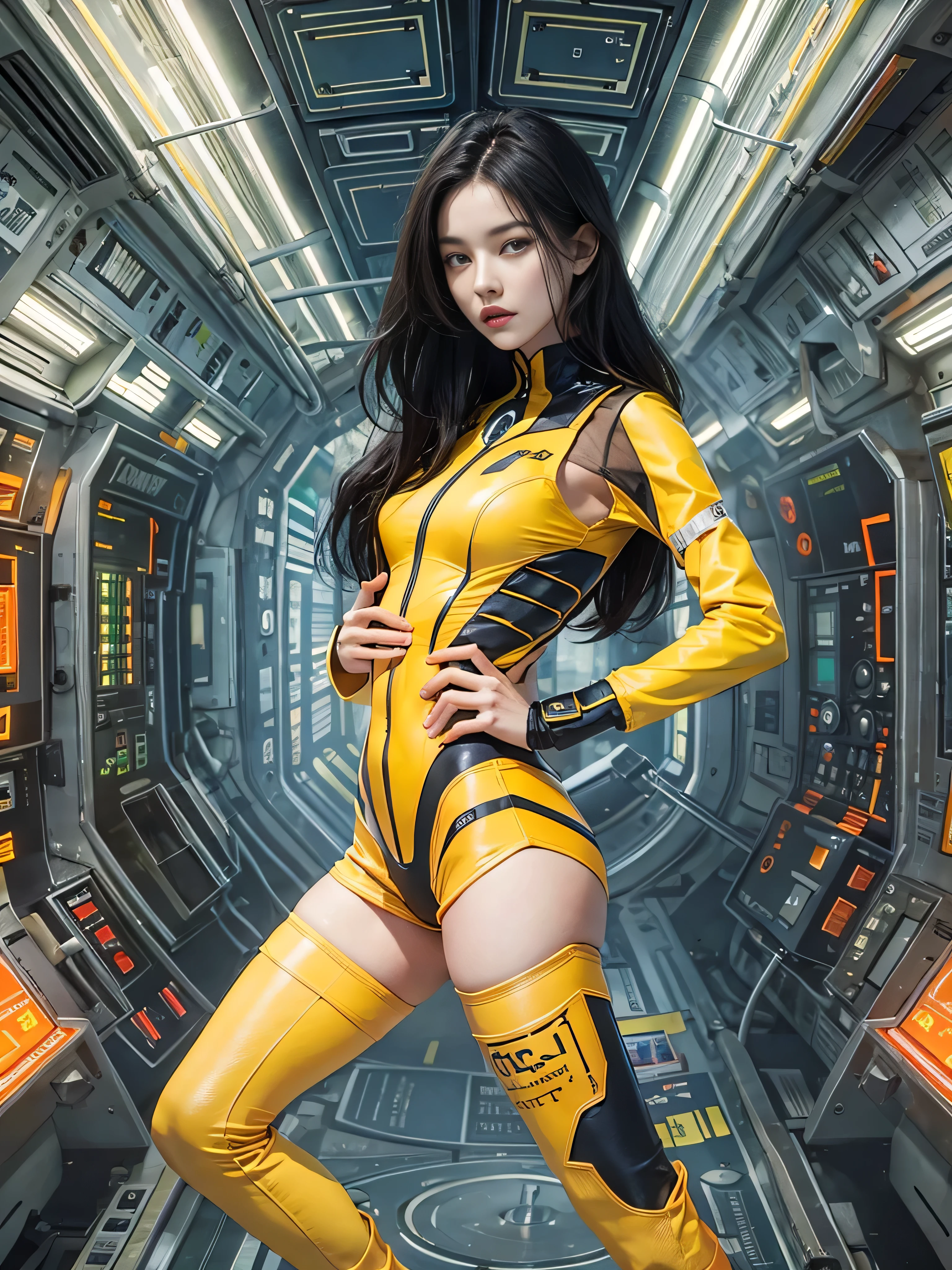 (Raw quality:1.4), Beautiful slim and long legged woman、Beautiful and well-groomed face、Long black hair、Smooth legs、Well-balanced and slim body、Full Body Lesbian、no gravity、He&#39;s changing into a skin-tight yellow space suit.、Cleavage, Black lace underwear, Inside the space station、mechanical、　White lighting