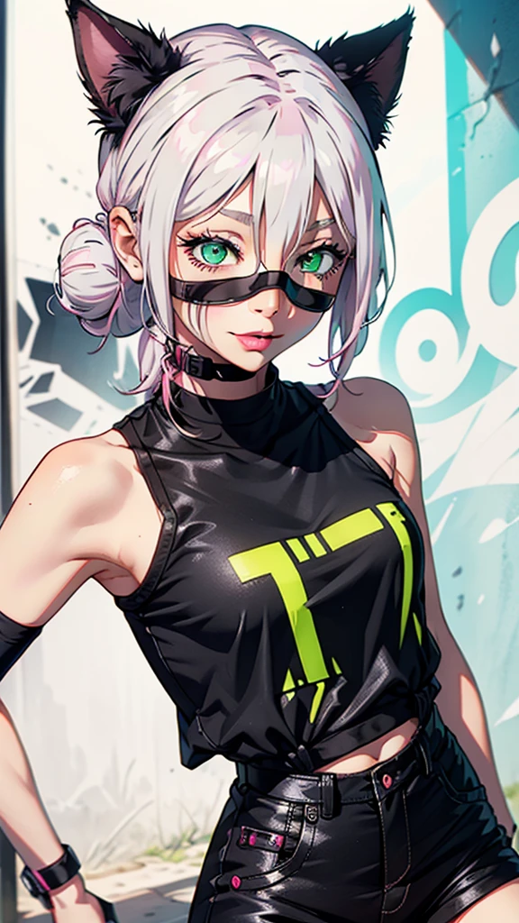 girl，Pink and black are the base tones，Long white hair，Green Eyes，Two-dimensional girl，With cat ears，Background with mixed pink and black graffiti,Clear picture,Clear facial details,Clear lines