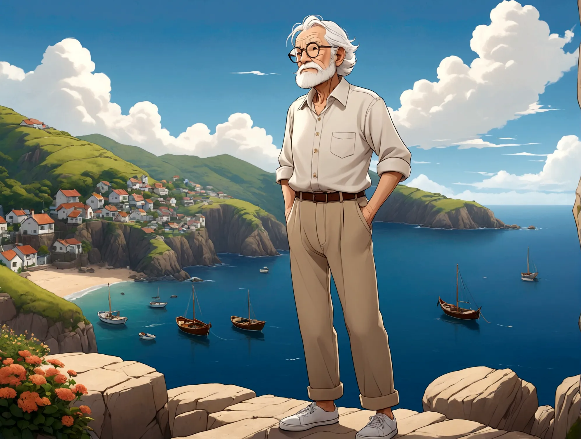 create a high-quality anime-style image featuring an elderly man standing on a rocky cliff by the sea. the man has white hair, a...