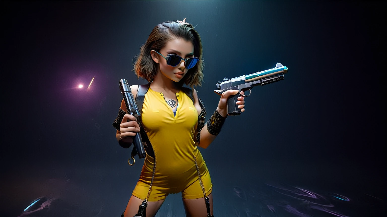 Generate a hyperrealistic image capturing the essence of a futuristic pin-up girl, (((medium breast, cleavage, black sunglasses, holding a mini pistol))), seamlessly blending classic 1950s charm with cutting-edge technology. Envision her in a sleek, metallic environment adorned with holographic elements, (((((half-body (thigh level) medium shot))))). Ultra realistic, vibrant colors, 16k