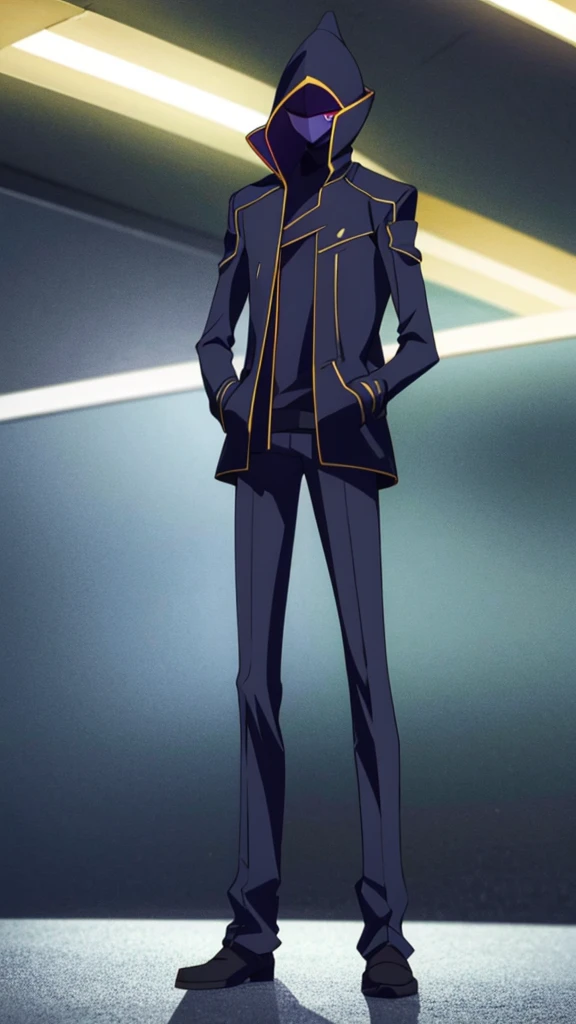 Male, teenager, vigilante, wearing dark clothes, a coat, and a mask, athletic build, hands in pockets, standing at attention, nighttime setting, lone figure, facing viewer, fully in frame, full body shot, Code Geass style, codeGeass, CODEGEASS