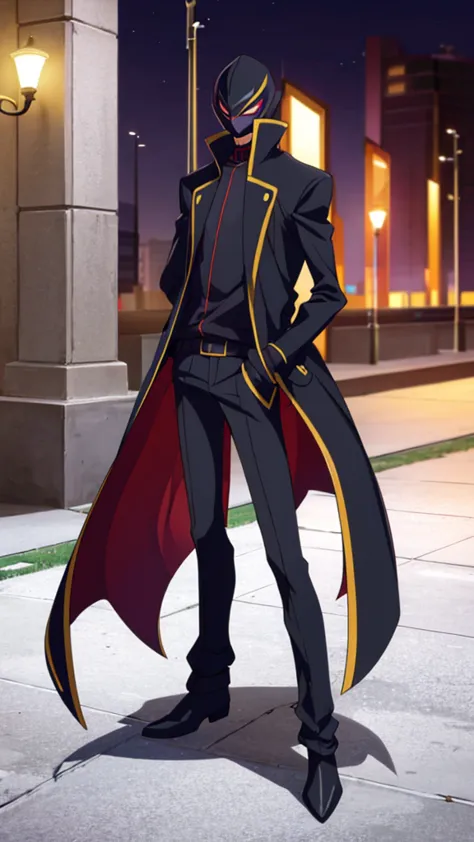 Male, teenager, vigilante, wearing dark clothes, a coat, and a mask, athletic build, hands in pockets, standing at attention, ni...