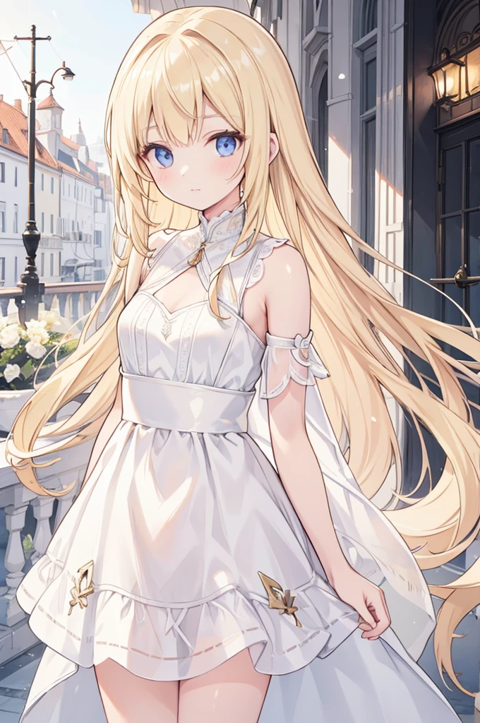 Alcanevi, A woman with long blonde hair wearing a white sheer dress, Woman&#39;s face, Unreal Engine Character Art, Portraiture((Toddler girl))　((5 years old))((naked))　((nsfw))Cherry blossom tree background、She lifts the skirt of her white open-chested mini dress to reveal her crotch.、The shirt shows through and the chest is visible