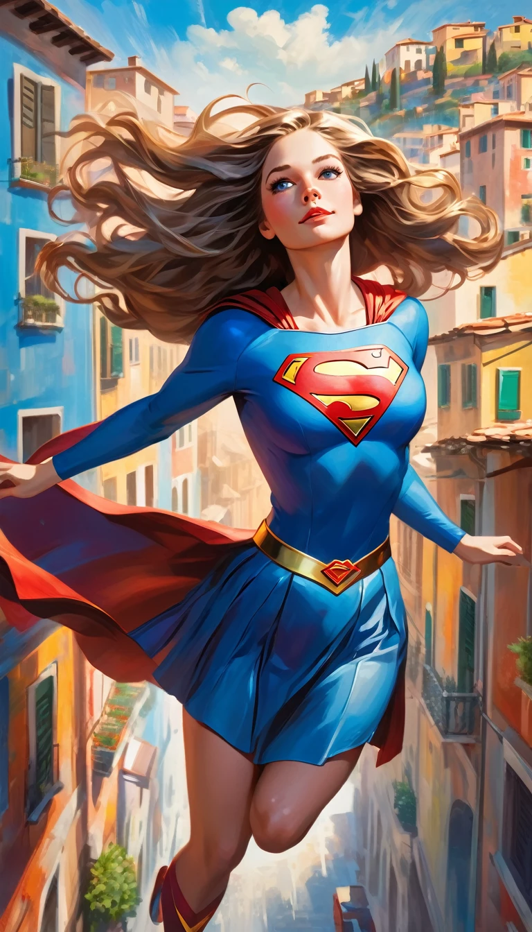 une belle Supergirl volant au-dessus d'une ville italienne pittoresque, peinture à l&#39;huile, visage très détaillé, De longs cheveux ondulés, pose dynamique, ciel bleu, paysage urbain avec des bâtiments colorés, style vintage, couleurs riches, Éclairage dramatique, coups de pinceau impressionnistes, chef-d&#39;œuvre, ultra-détaillé, 8k, hyperréaliste
