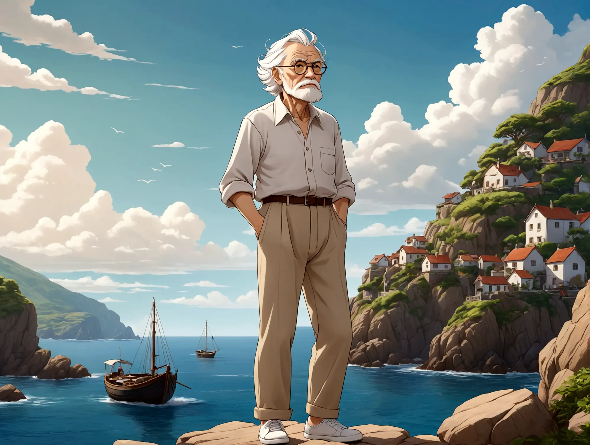 create a high-quality anime-style image featuring an elderly man standing on a rocky cliff by the sea. the man has white hair, a...