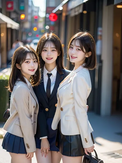 Three Beauties,3 girls,mini skirt,Wearing a uniform,blazer,smile