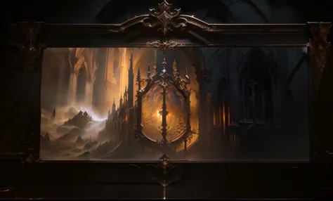 there is a large picture frame with a picture on it, cathedral background, ornate borders + concept art, grimoire page, alchemis...