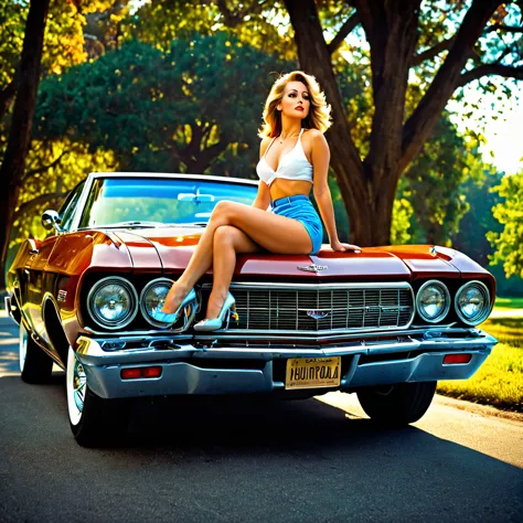  there is a woman sitting on the back of a car, automotive photography, inspired by Aaron Bohrod, inspired by Otto Eckmann, insp...