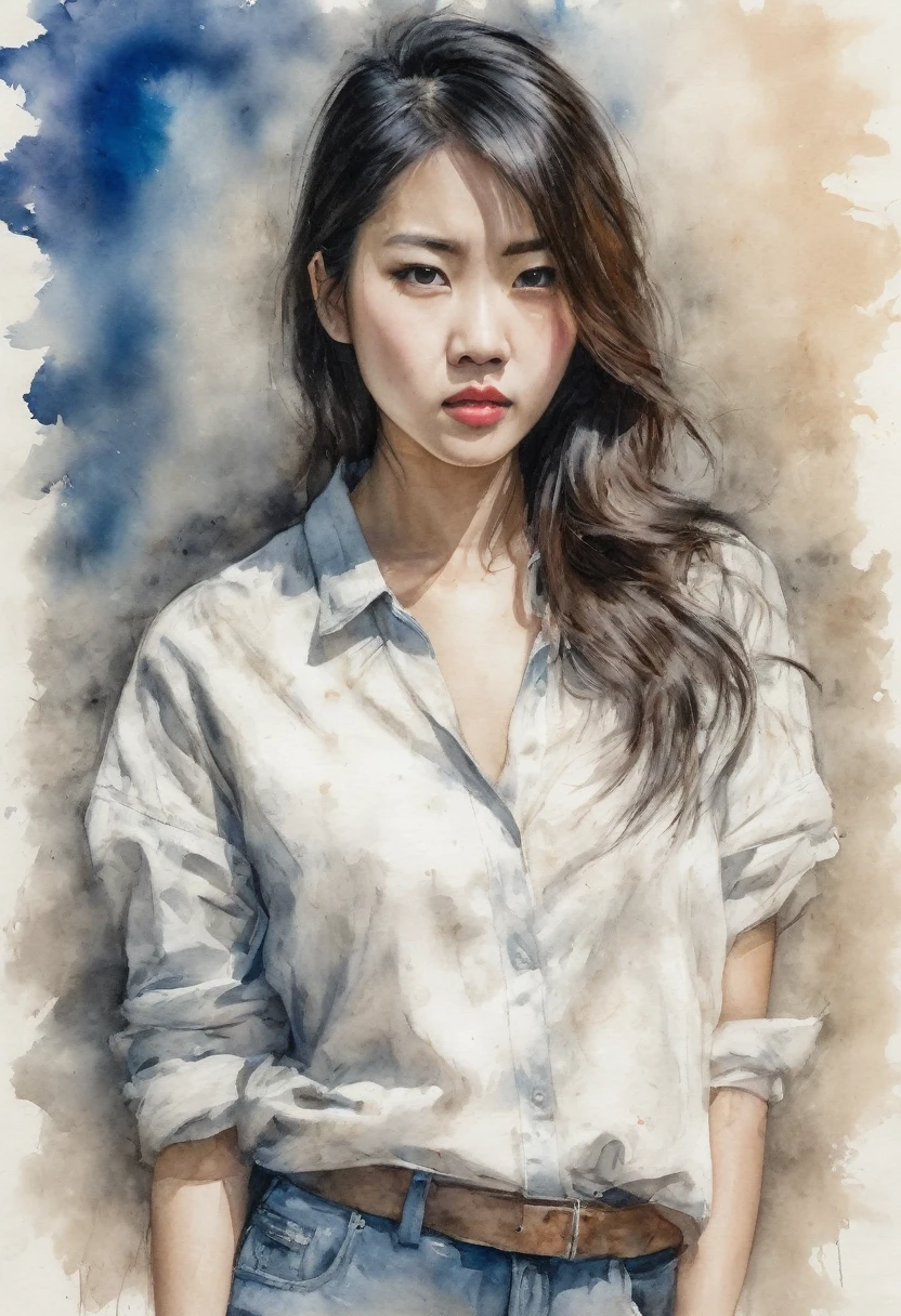 Croquis détaillé hyperréaliste sur papier parchemin antique mat, portrait d'une jolie dame asiatique vous regardant avec une expression fâchée, porter des vêtements modernes et décontractés, couleurs claires attrayantes huile, aquarelle pastel désaturé