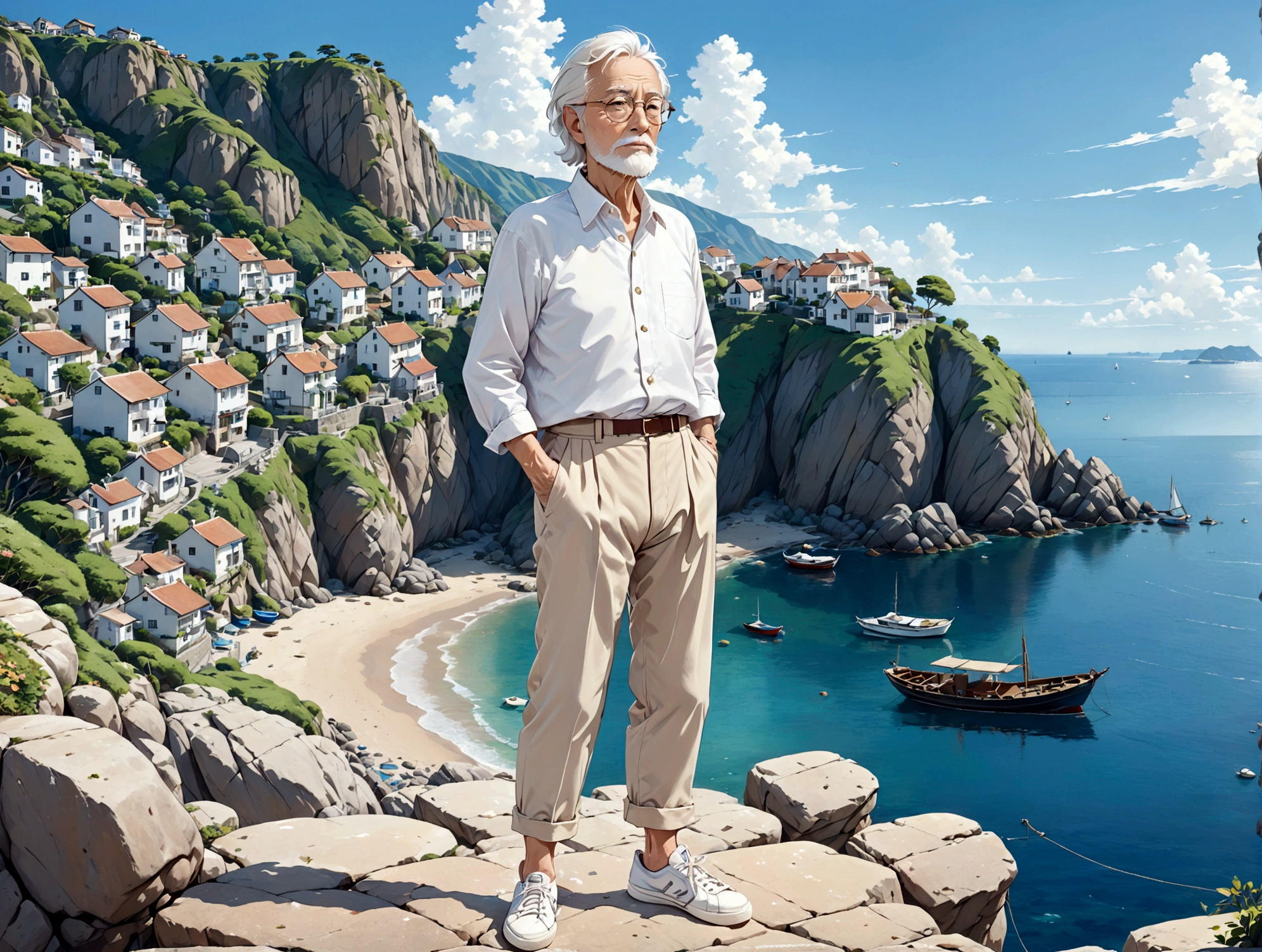 Create a high-quality anime-style image featuring an elderly man standing on a rocky cliff by the sea. The man has white hair, a beard, and is wearing round glasses. He is dressed in a white shirt, beige pants rolled up at the ankles, and white sneakers. His posture is relaxed, with his hands in his pockets, gazing thoughtfully into the distance.

The background consists of a clear blue sky filled with fluffy, white clouds. Below the cliff, there is a calm sea with boats and a small coastal village nestled at the foot of green, mountainous terrain. The scene captures a peaceful, reflective moment, with vibrant colors and detailed shading to emphasize the tranquil and contemplative atmosphere.