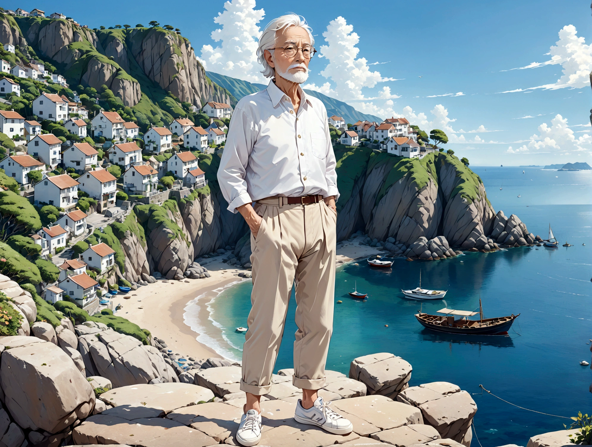 Créez une image de style anime de haute qualité représentant un homme âgé debout sur une falaise rocheuse au bord de la mer.. L&#39;homme a les cheveux blancs, une barbe, et porte des lunettes rondes. Il est vêtu d&#39;une chemise blanche, pantalon beige retroussé aux chevilles, et des baskets blanches. Sa posture est détendue, avec ses mains dans ses poches, regarder pensivement au loin.

L&#39;arrière-plan se compose d&#39;un ciel bleu clair rempli de peluches, nuages blancs. Au pied de la falaise, il y a une mer calme avec des bateaux et un petit village côtier niché au pied de la verdure, relief montagneux. La scène capture un paisible, moment de réflexion, avec des couleurs vives et des ombres détaillées pour souligner l&#39;atmosphère tranquille et contemplative.